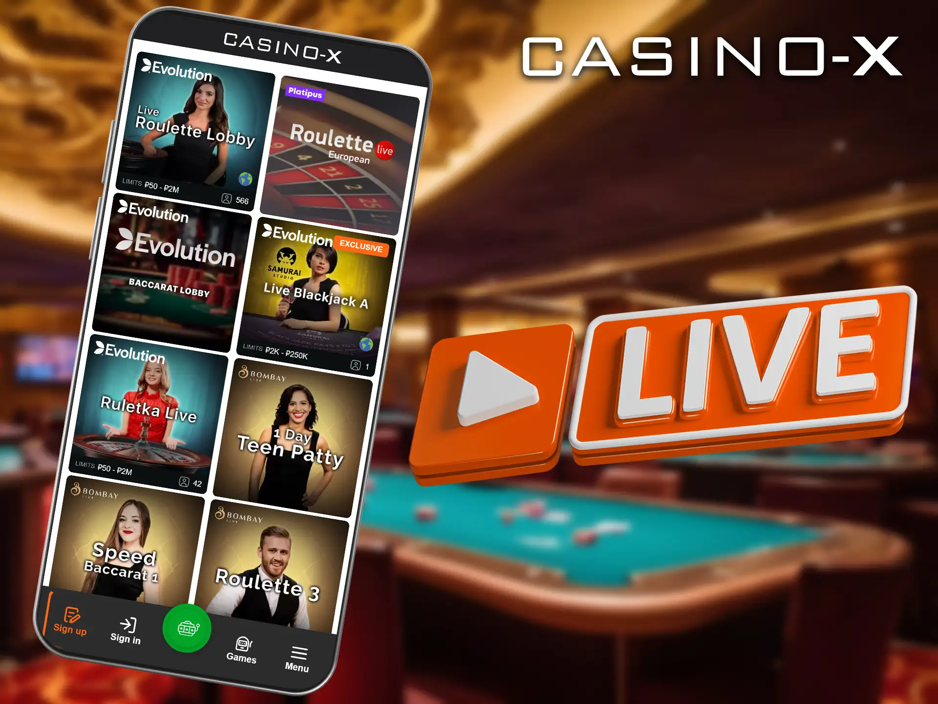 Play your favorite games in real time with live dealers at Casino-X.