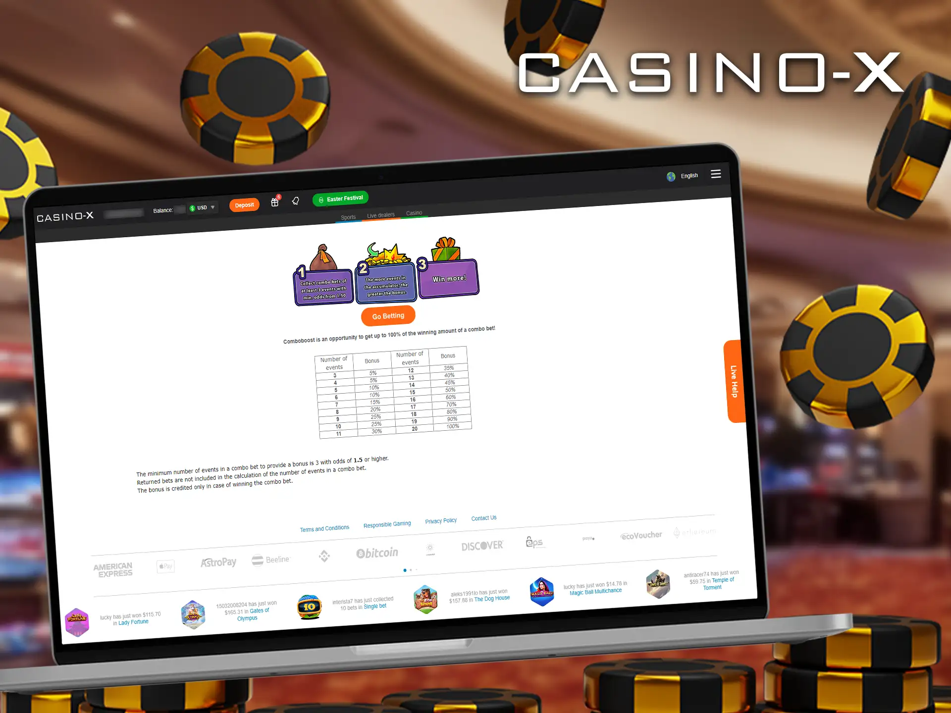 Try ComboBoost at Casino-X and get up to 100% extra on your next winning combined bet!