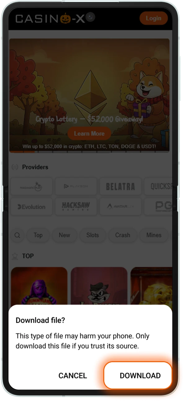 Download the Casino-X Android app directly from our website.