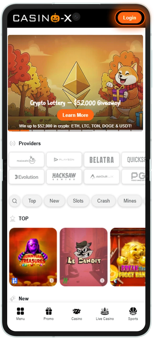 Get started by creating an account on Casino-X app for Android.