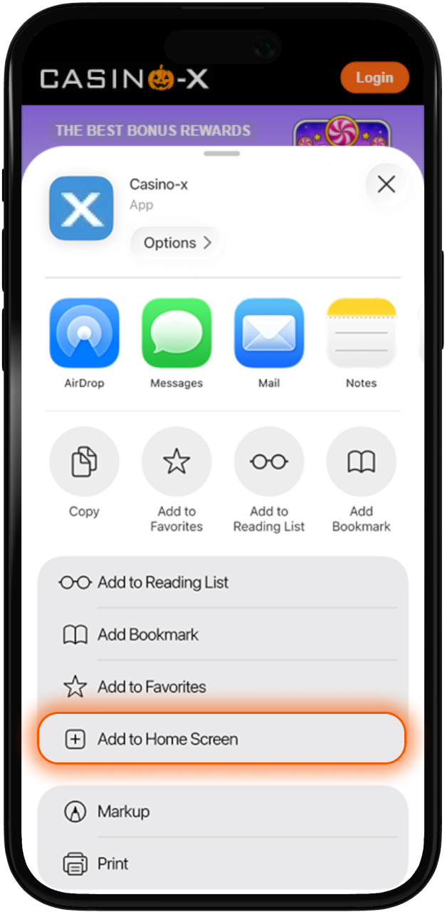 Click Add to Homescreen to create a shortcut for Casino-X app.