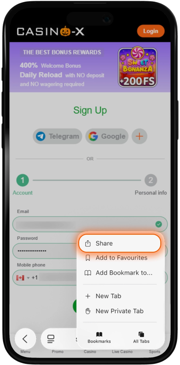 FInd and click Share button at the bottom of your screen at Casino-X web-page.