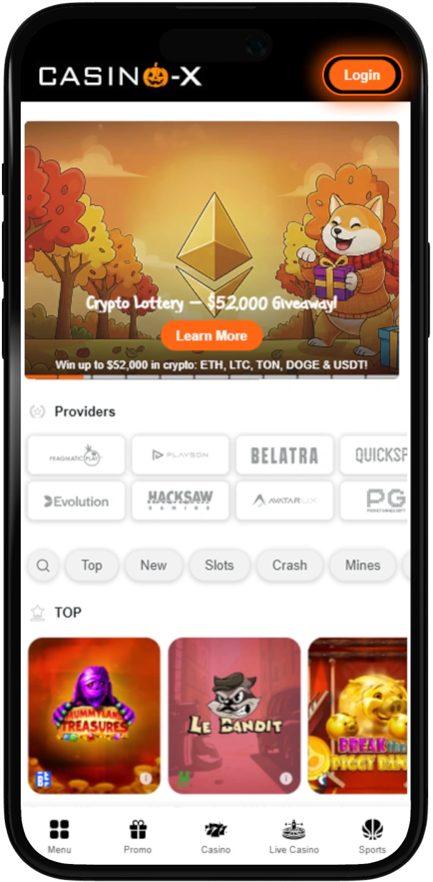 Access the Casino-X website from your iOS device.