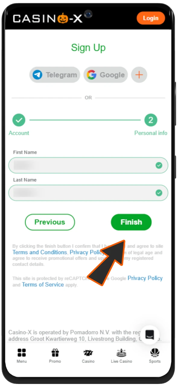 Finish the registration process at Casino-X by clicking the