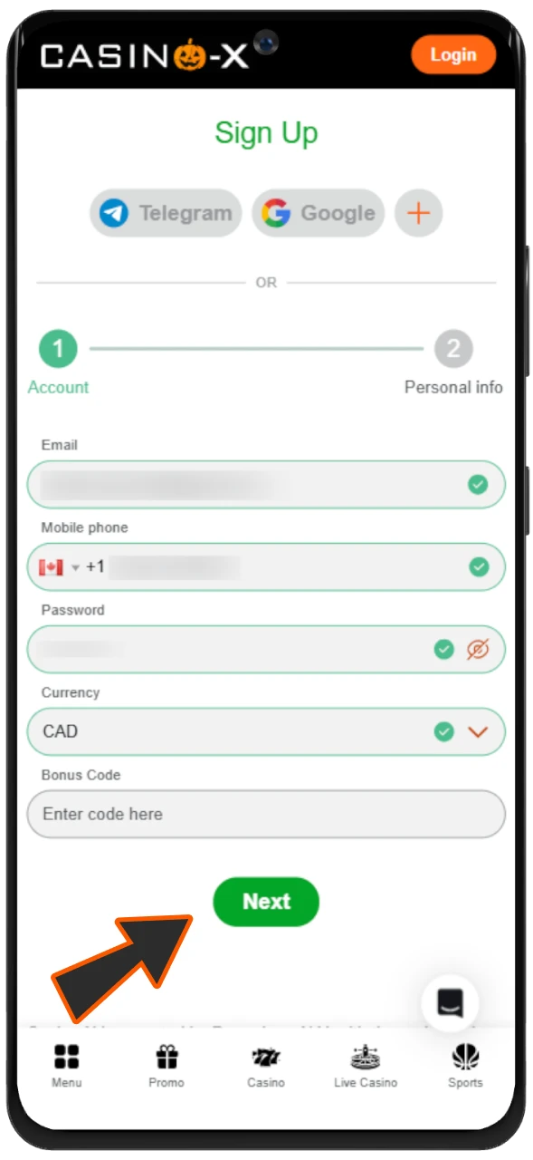 To register at Casino-X, complete all required information.